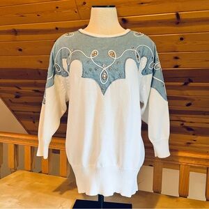 I.B. Diffusion Vintage 80s Western Embellished White 3/4 Sleeve Sweater Size S